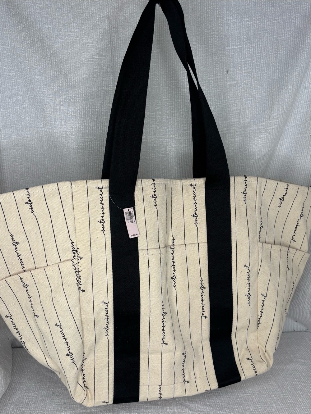 Victoria's Secret Cream Canvas Tote with Black Script, Stripes and Handles
